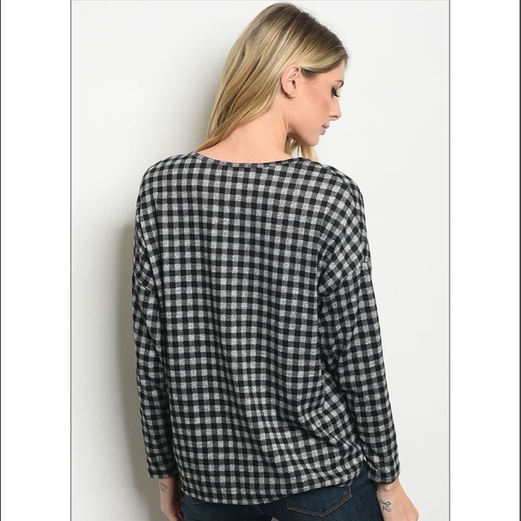 Gingham Long Sleeve Waist Knot Tie Tunic Top Black - Picture 3 of 7